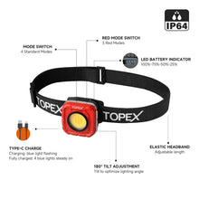 Load image into Gallery viewer, TOPEX Rechargeable Headlamp with 7 Light Modes &amp; 10H Runtime, IP64 Waterproof, Ergonomic Design for Camping Hiking Running Cycling Fishing