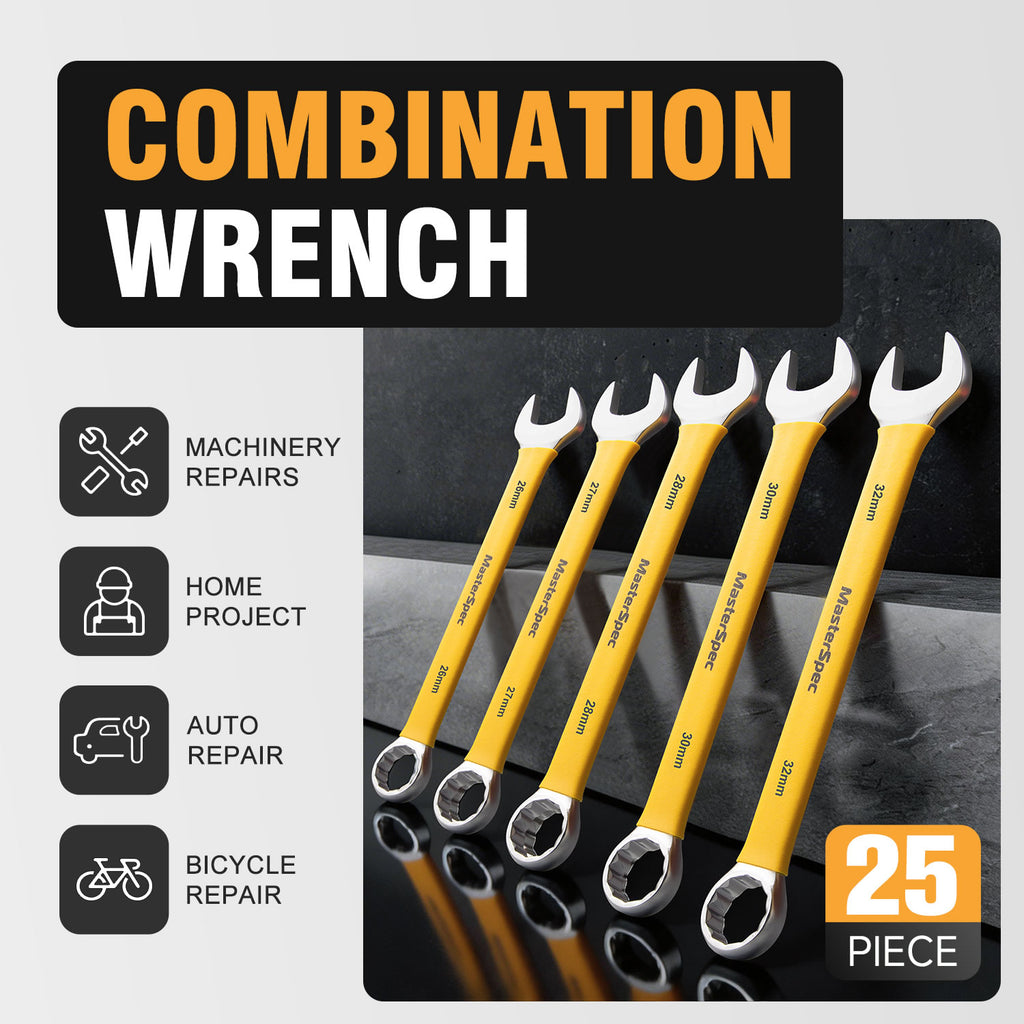 MasterSpec 25pcs Combination Spanner Set - Open Box End Wrench 6mm - 32mm Size, 15 Degree Offset Angle for Automotive Repair Furniture Assembly