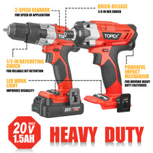 Load image into Gallery viewer, TOPEX 20V Cordless Combo Kit Hammer Drill &amp; Impact Driver w/ Fast Charger