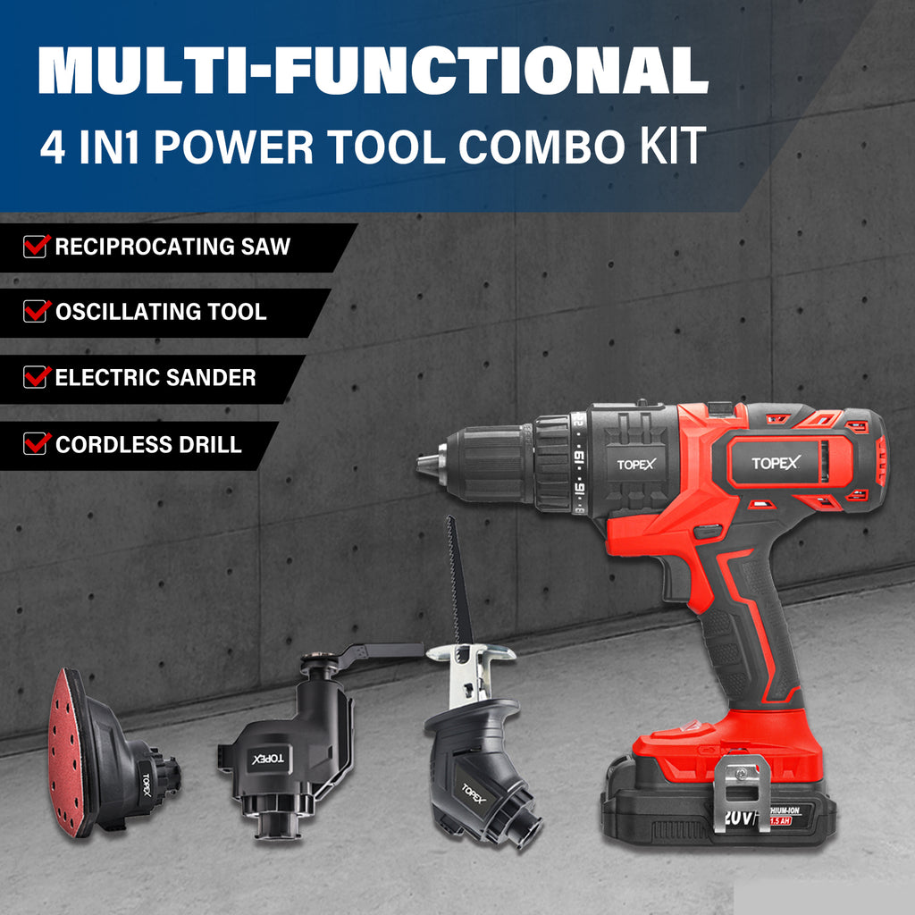 TOPEX 20V 4IN1 Multi-Tool Combo Kit Cordless Drill Sander Reciprocating Saw Oscillating Tool