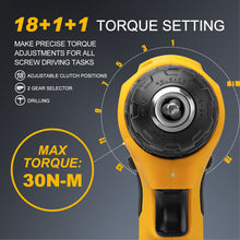 Load image into Gallery viewer, MasterSpec 20V Max Cordless Drill 30N.m 18+1+1 Torque Electric Power Drill Kit w/Li-Ion Battery Pack&amp; Screwdriver Bit Set LED Light
