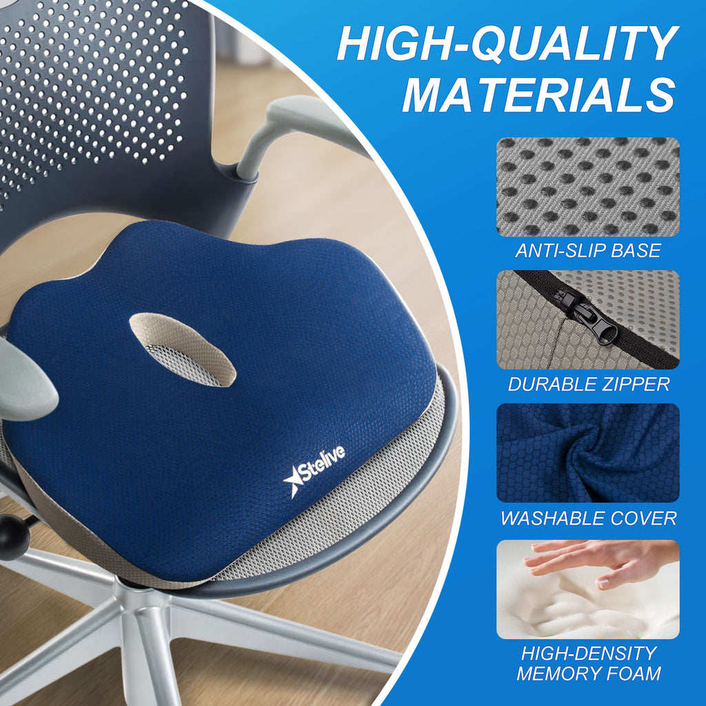 Stelive Memory Foam Seat Cushion Butt Support Pillow Office Chair Car Seat Cushion Coccyx Cushion Coccyx Pillow for Pain Relief (Blue, Grey)