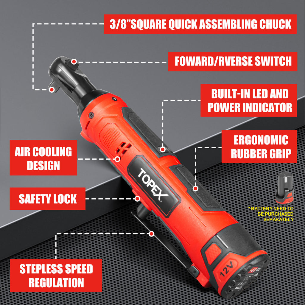 TOPEX 3/8" 12V Cordless Electric Ratchet Wrench 45NM 300RPM Variable Speed & LED Light Skin Only without Battery