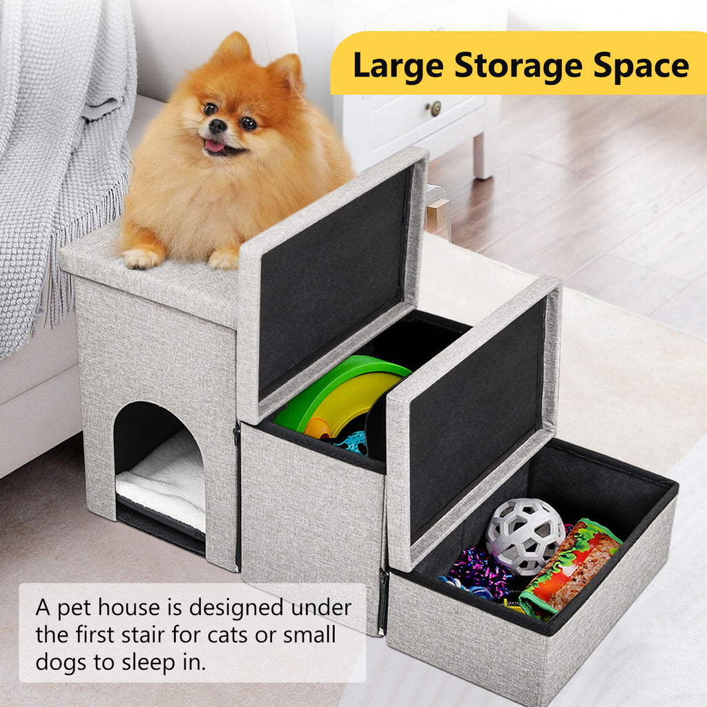 truepal 3 Steps Portable Pet Soft Plush Ladder Dog Cat Stairs Ramp with Storage Box