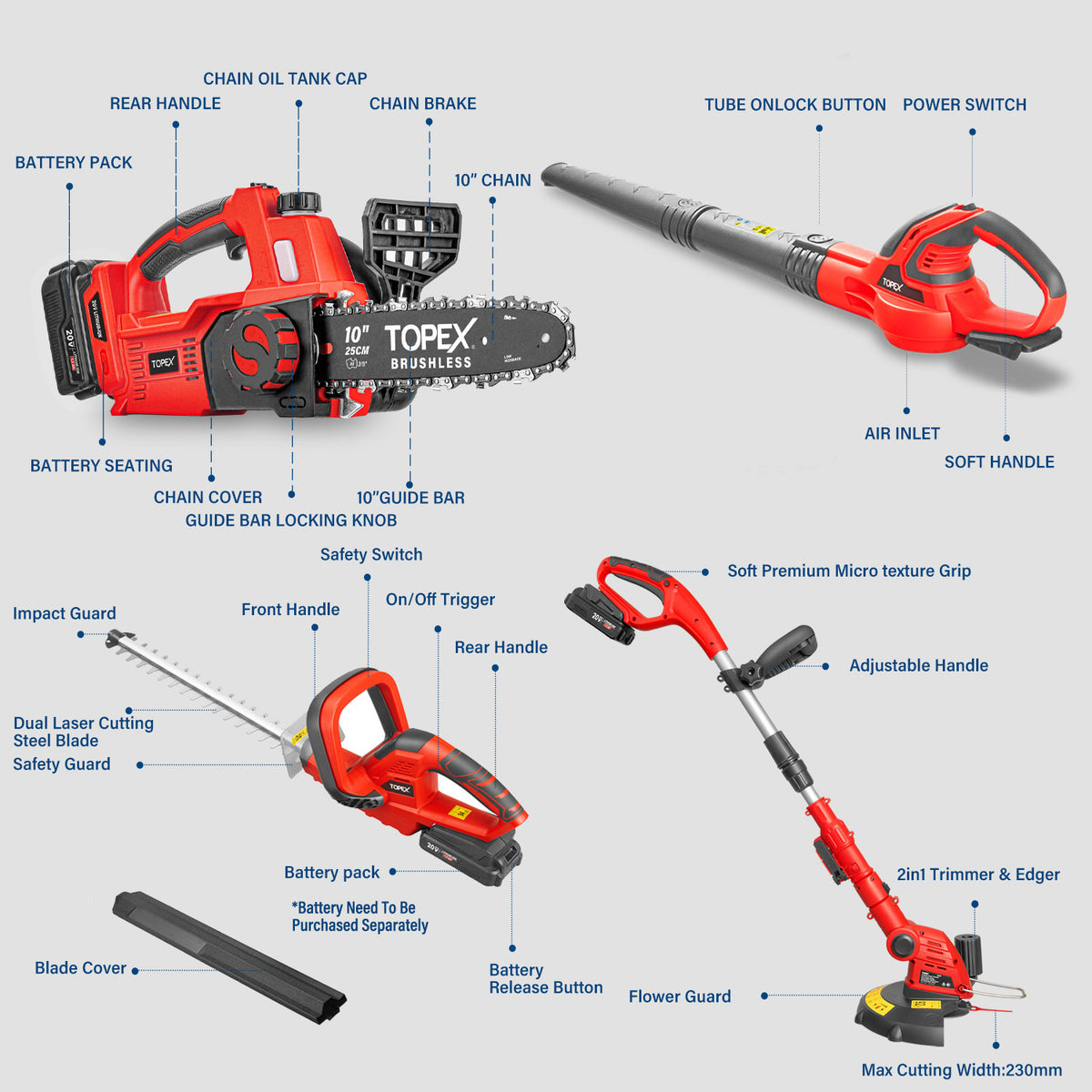 TOPEX 20V Cordless Power Tool Kit Chainsaw Hedge Trimmer Leaf Blower G ...