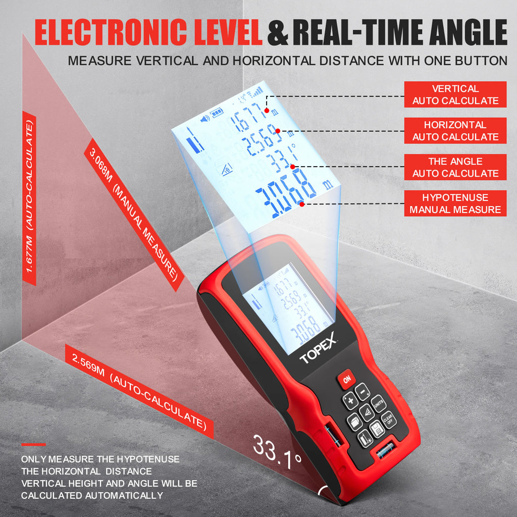 TOPEX Laser Distance Meter Laser Measurement Tool Laser Measure Digital Laser Measurer Measure Distance Area and Volume Battery Included