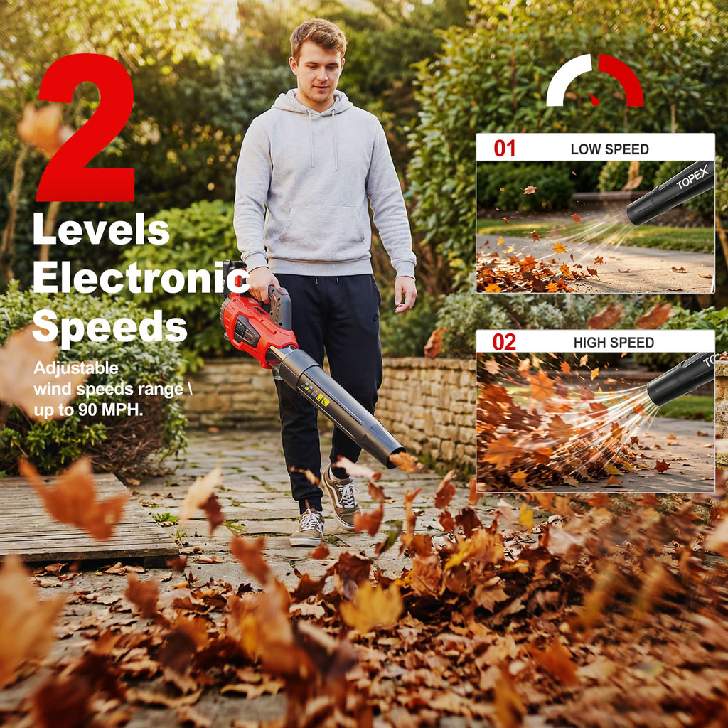 TOPEX 20V MAX Cordless Leaf Blower with 2-Speed Selection, 16,000 RPM, 144km/h Multipurpose Lightweight Leaf Blower Blow with Detachable Nozzle
