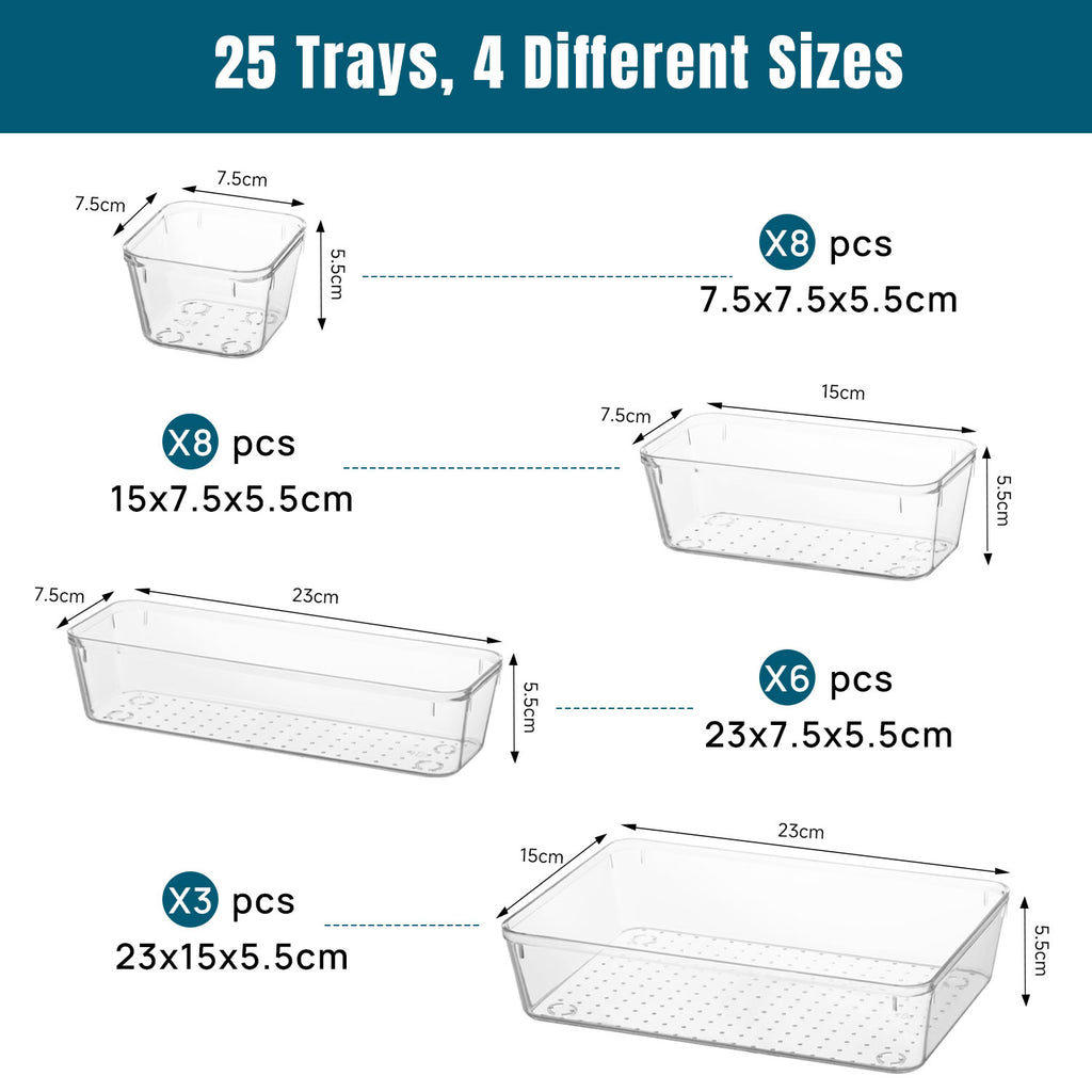 Stelive 25 PCS Clear Plastic Drawer Organisers Set, 4-Size Versatile Bathroom and Vanity Organiser Trays, Non-Slip Storage Containers & Bins