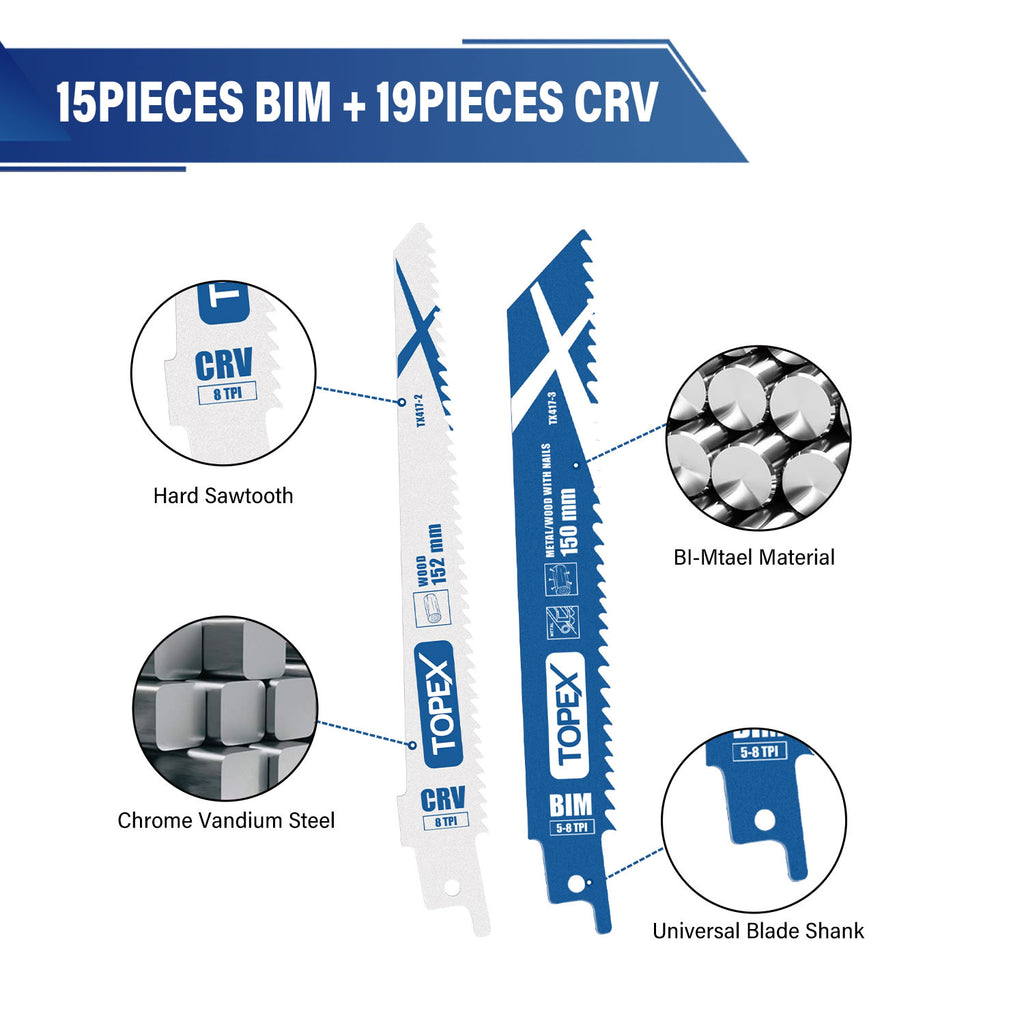 TOPEX 34 Piece Reciprocating Saw Blades, Premium Sawzall Blades for Metal and Wood cutting