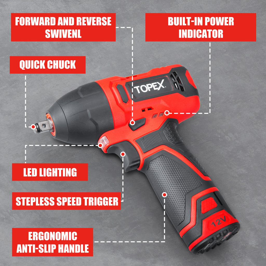 TOPEX 12V Power Tool Twin Kit Cordless Wrenches Impact Wrench with 6 Sockets & 3/8" Electric Ratchet Wrench 300RPM Variable Speed LED Light w/ 2 Lithium-Ion Batteries & 16-inch Multi-Pocket Tool Bag