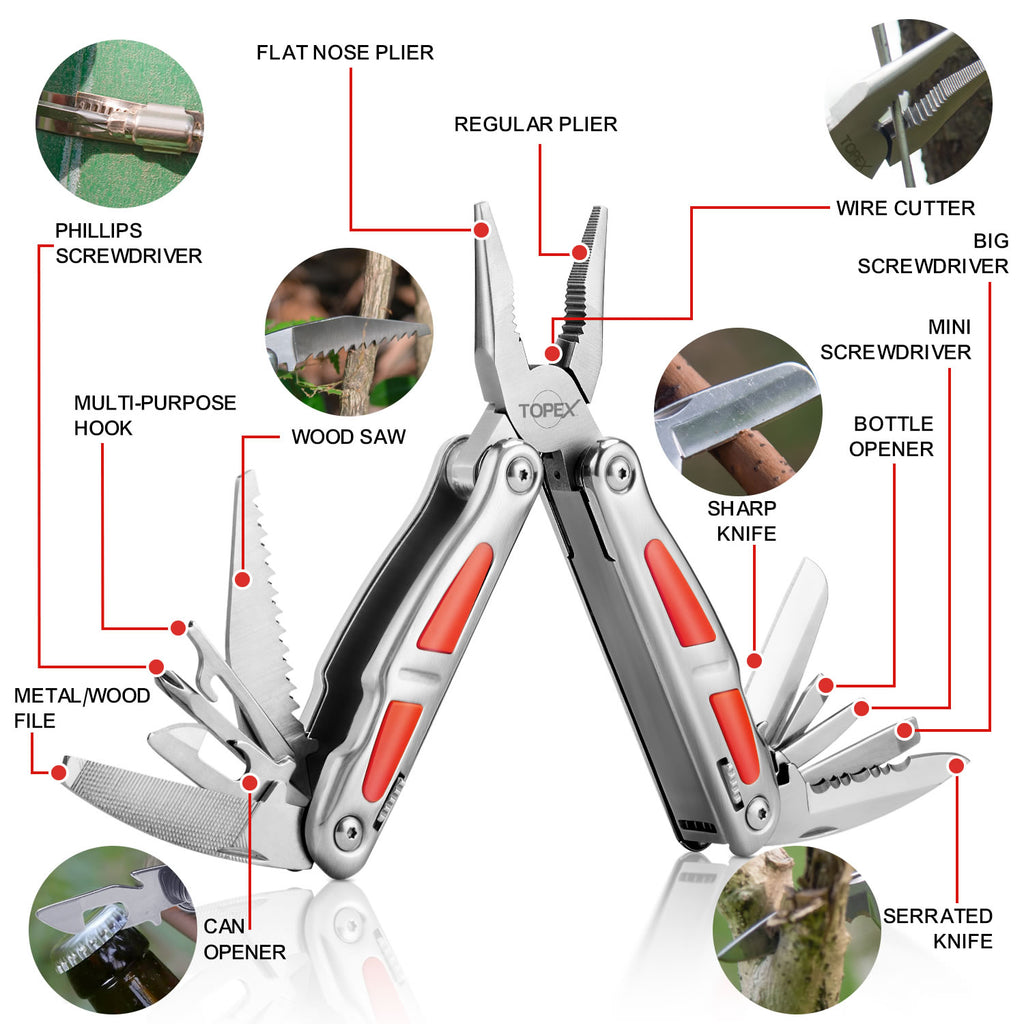 TOPEX 16-In-1 Multitool Plier, Multi Tool Pliers, Stainless Steel Plier with Safety Locking, Cutters, Knife, Screwdrivers, Wood Saw, Can Bottle Opener