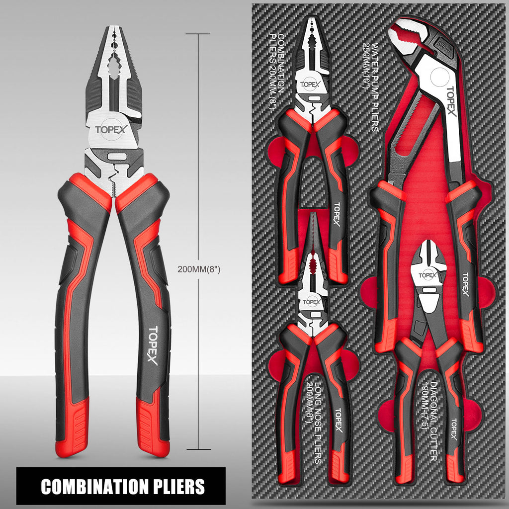 TOPEX 4 Piece Pliers Set (190 mm Diagonal Cutters, 200 mm Combination Pliers, 200 mm Long Nose Pliers, 250 mm Water Pump Pliers) for Demanding Tasks & Home Use