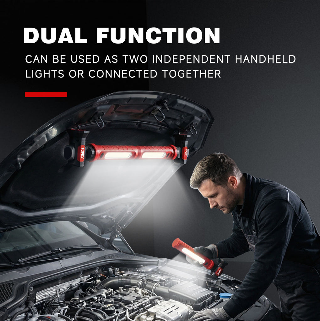 TOPEX 2 Pack Rechargeable Work Light, 2000 Lumens Magnetic LED Work Light with Hooks, 360° Rotation 3 Modes Light & 1/4" Thread for Car Repair