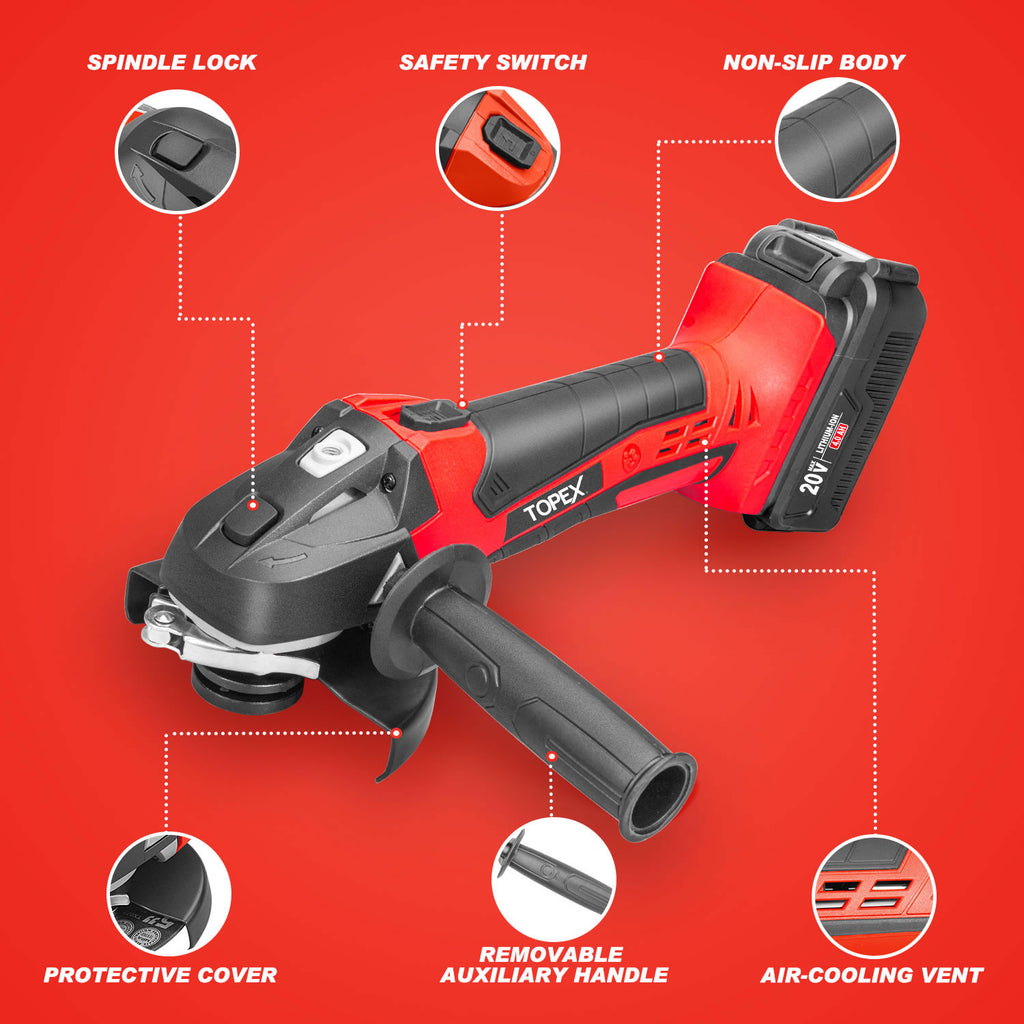 TOPEX 20V Cordless Angle Grinder 125mm Li-ion Grinding Cutting Power Tool w/ 25PCS Grinding Discs
