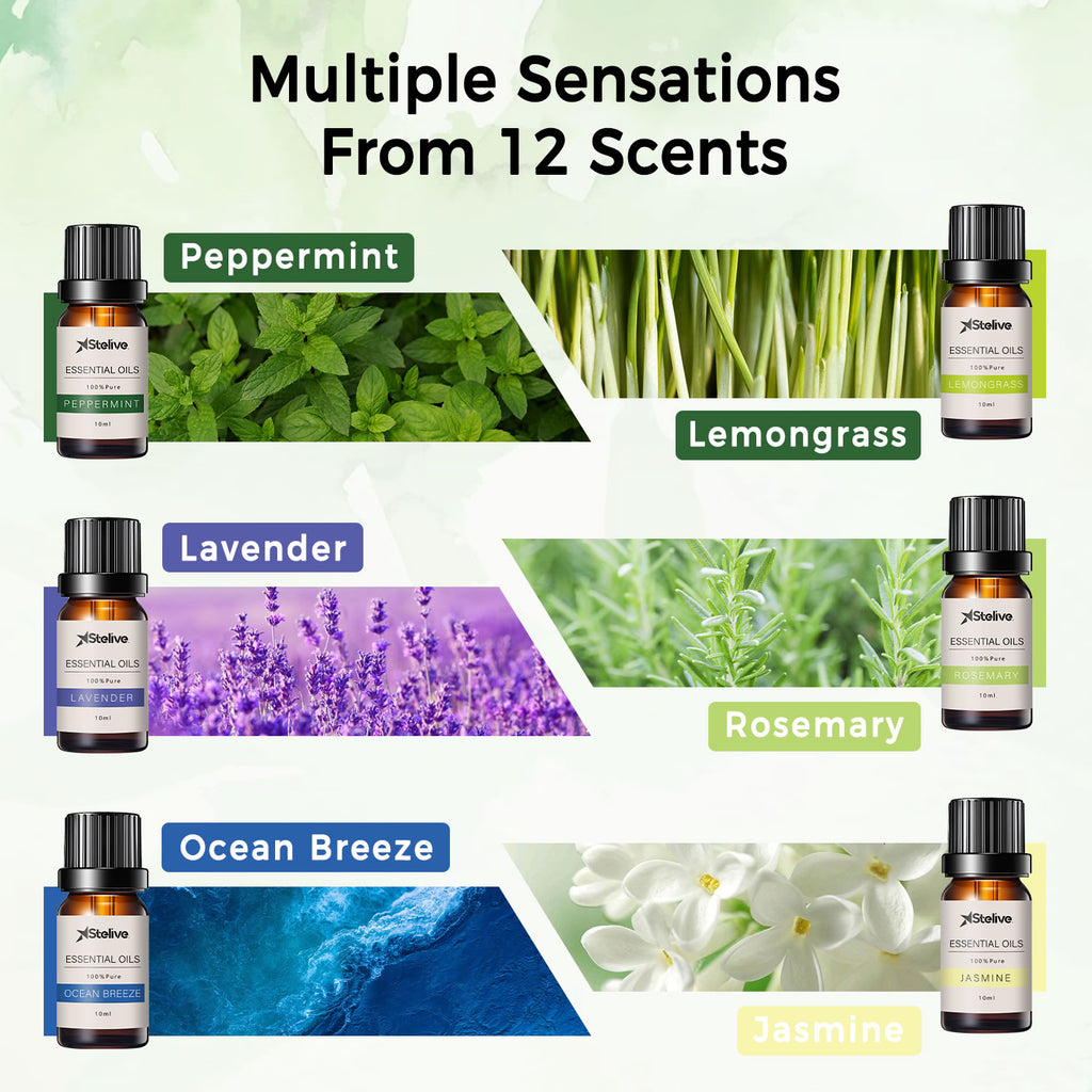 Stelive 12 Pack Essential Oils Set, 100 Percent Pure Essential Oils, 10ml Essential Oils for Diffuser, Aroma Oils Set (Peppermint, Lemongrass, Lavender...)