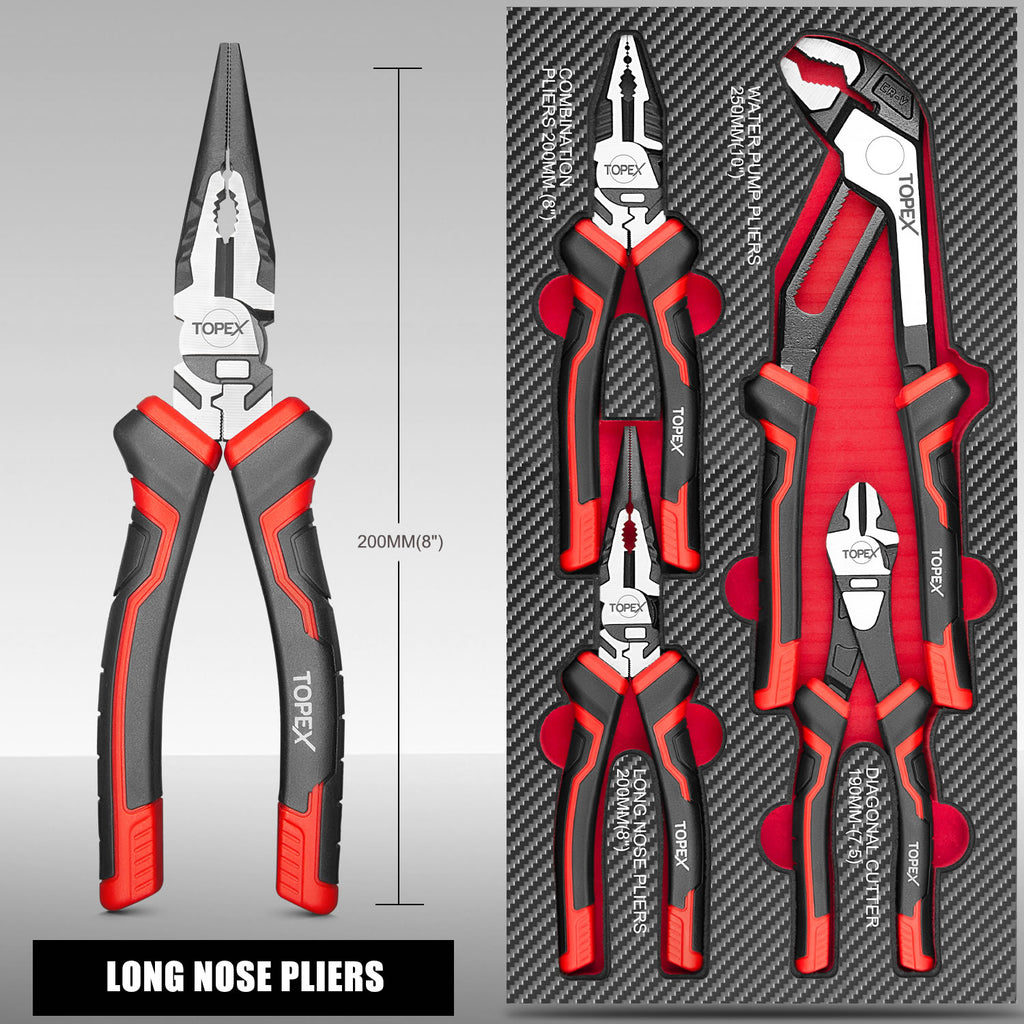 TOPEX 4 Piece Pliers Set (190 mm Diagonal Cutters, 200 mm Combination Pliers, 200 mm Long Nose Pliers, 250 mm Water Pump Pliers) for Demanding Tasks & Home Use