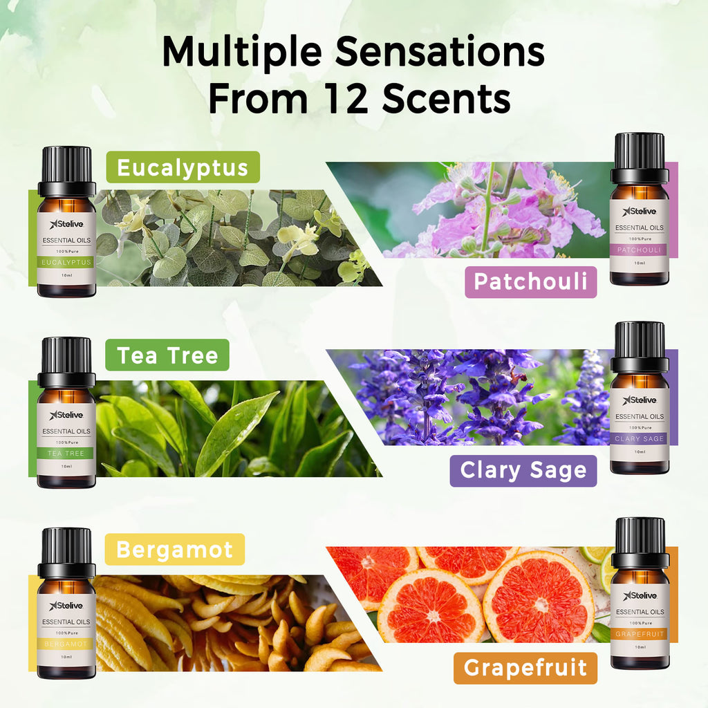 Stelive 12 Pack Essential Oils Set, 100 Percent Pure Essential Oils, 10ml Essential Oils for Diffuser, Aroma Oils Set (Peppermint, Lemongrass, Lavender...)