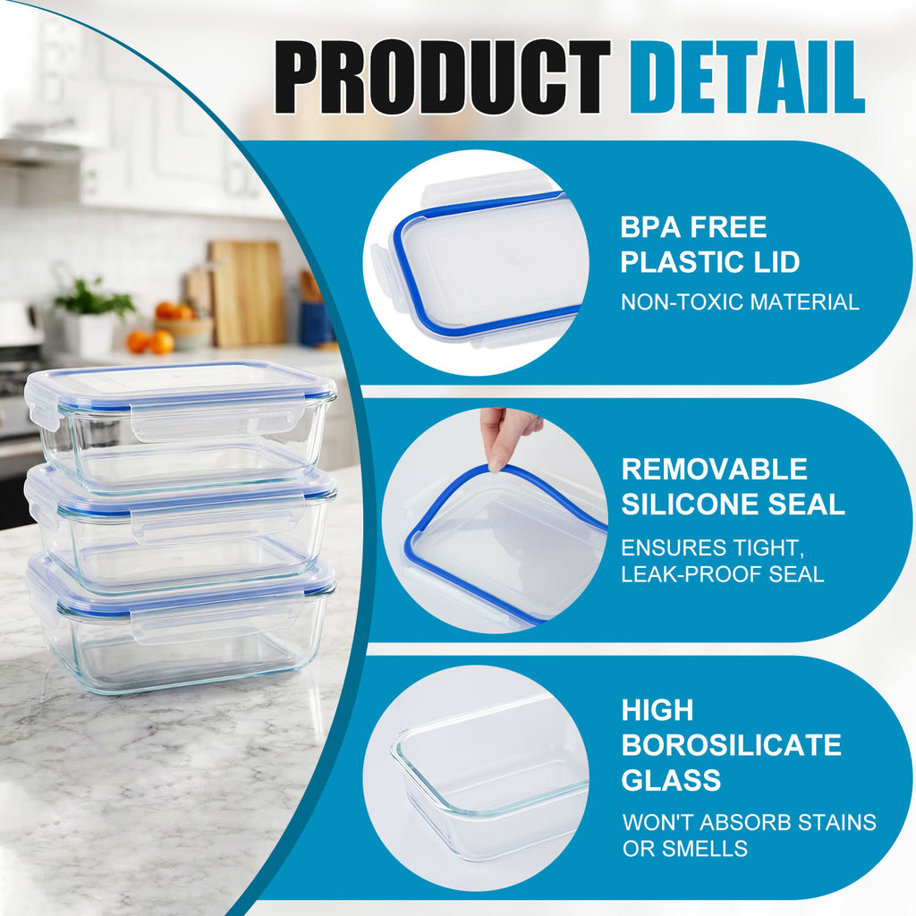 Stelive 5 Pack Glass Storage Food Containers, Glass Meal Prep Containers, Airtight Lunch Bento Boxes with Snap Locking Leakproof Lids, Reusable for Microwave