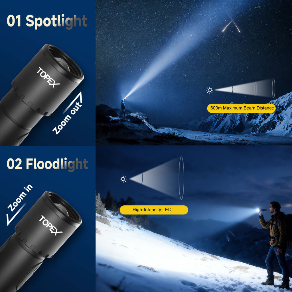 TOPEX 2 Pack LED Torch Rechargeable, 800 Lumens, 600M Super Bright Adjustable Focus Flashlight, 9 Lighting Modes, Waterproof Torch for Camping, Outdoor