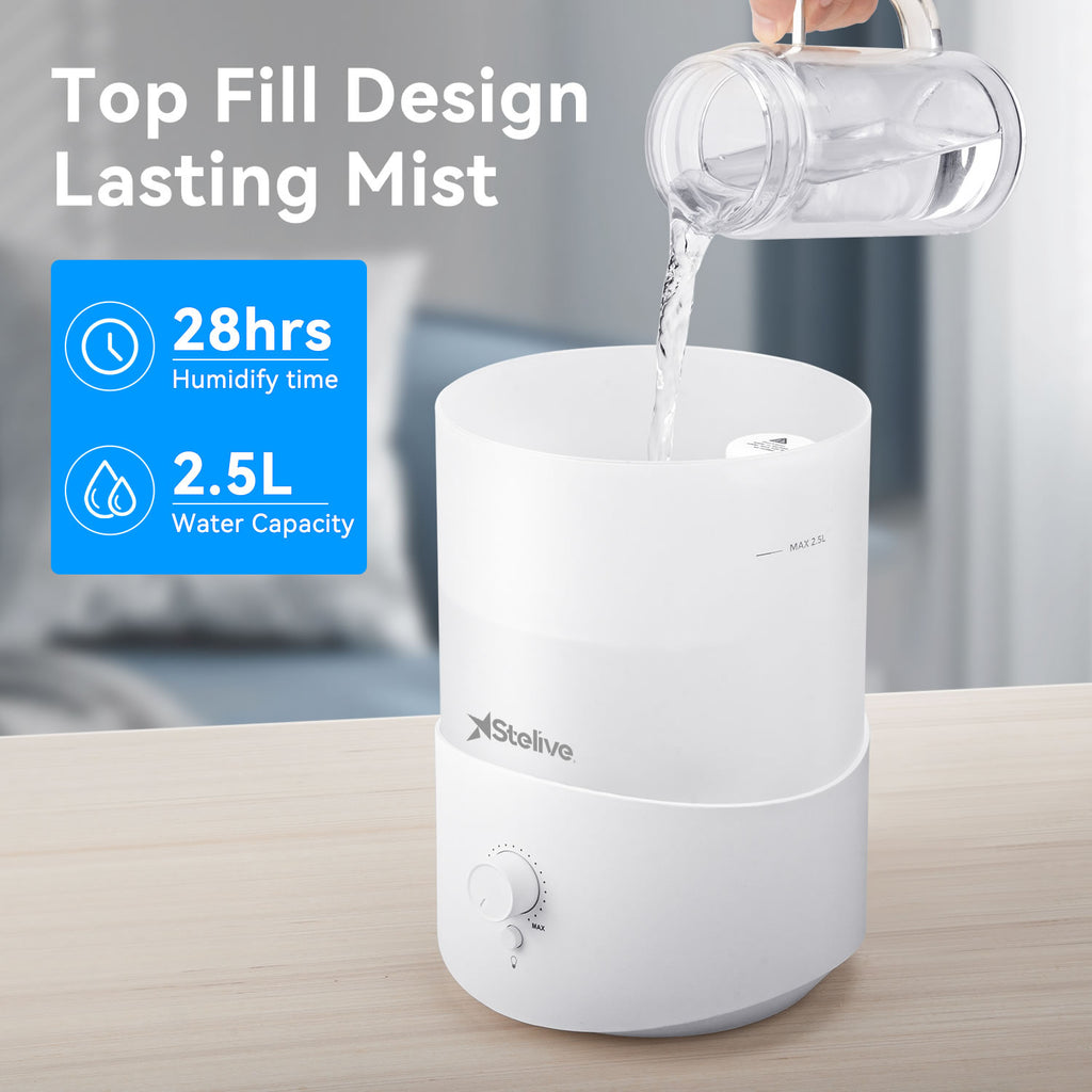 Stelive Humidifiers for Bedroom 30m2 Room, 2.5L Cool Mist Humidifier with Essential Oil Diffuser, Top Fill Humidifier for Baby, Home, Plant