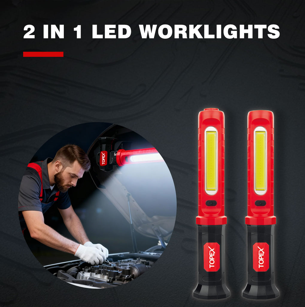 TOPEX 2 Pack Rechargeable Work Light, 2000 Lumens Magnetic LED Work Light with Hooks, 360° Rotation 3 Modes Light & 1/4" Thread for Car Repair