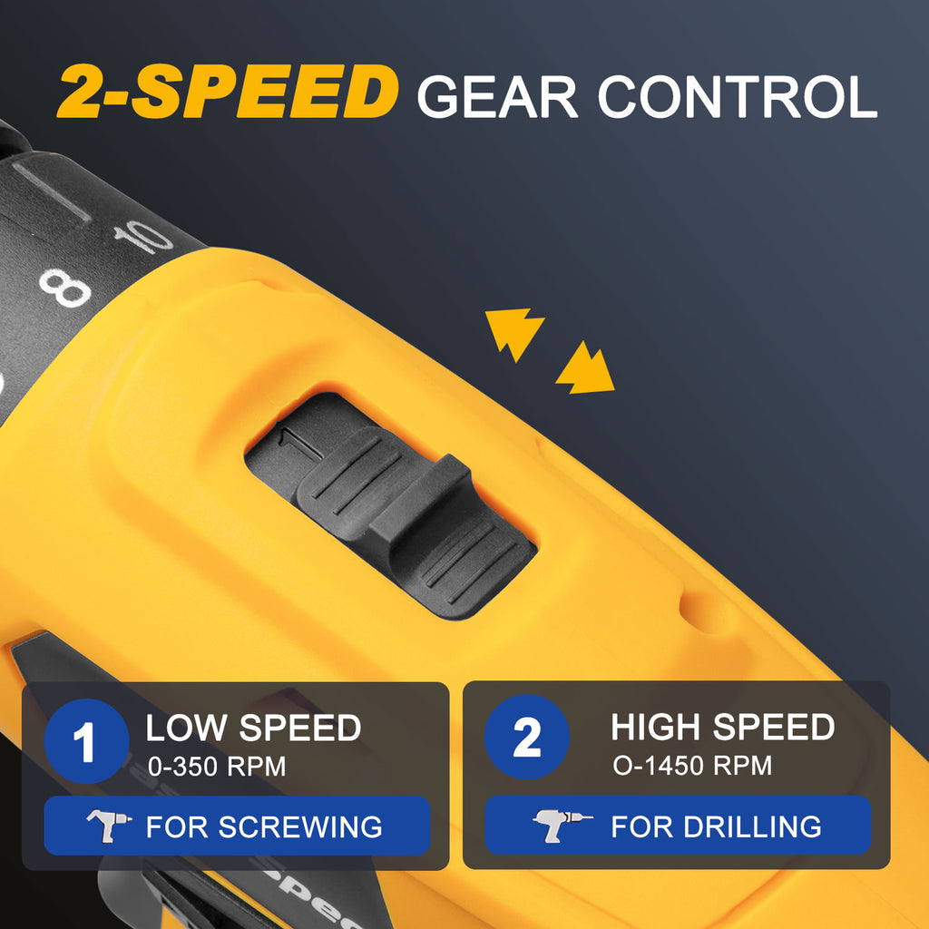 MasterSpec 20V Max Cordless Drill 30N.m 18+1+1 Torque Electric Power Drill Kit w/Li-Ion Battery Pack& Screwdriver Bit Set LED Light