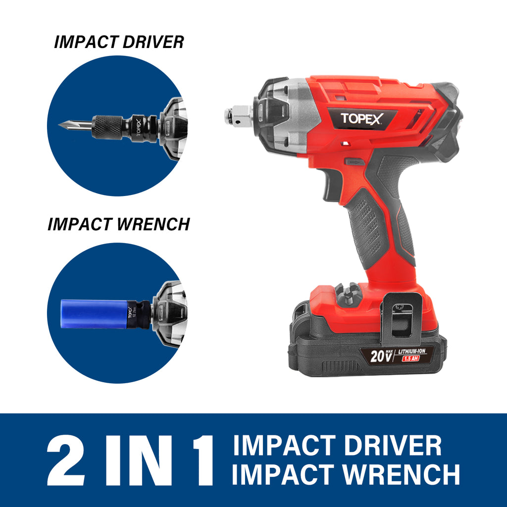 TOPEX 20V Cordless Combo Kit Impact Wrench Driver 7-piece Socket Adaptor 9-Piece Extension Bar Set 20V LED Light w/Tool Bag