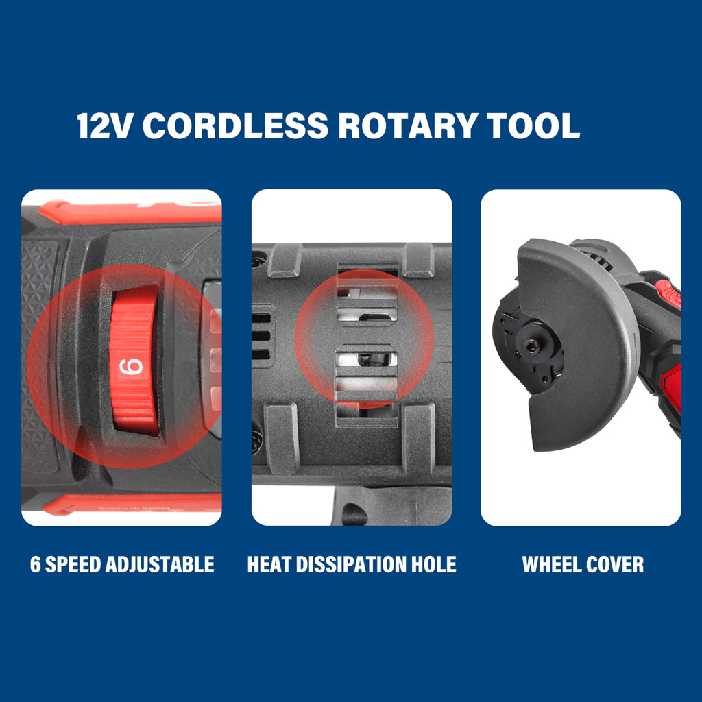 TOPEX 12V Cordless Rotary Tool Speed 5000-25000rpm With 12V Cordless Angle Grinder,12V 2.0Ah Lithium-Ion Battery&14.4V /0.4A charger