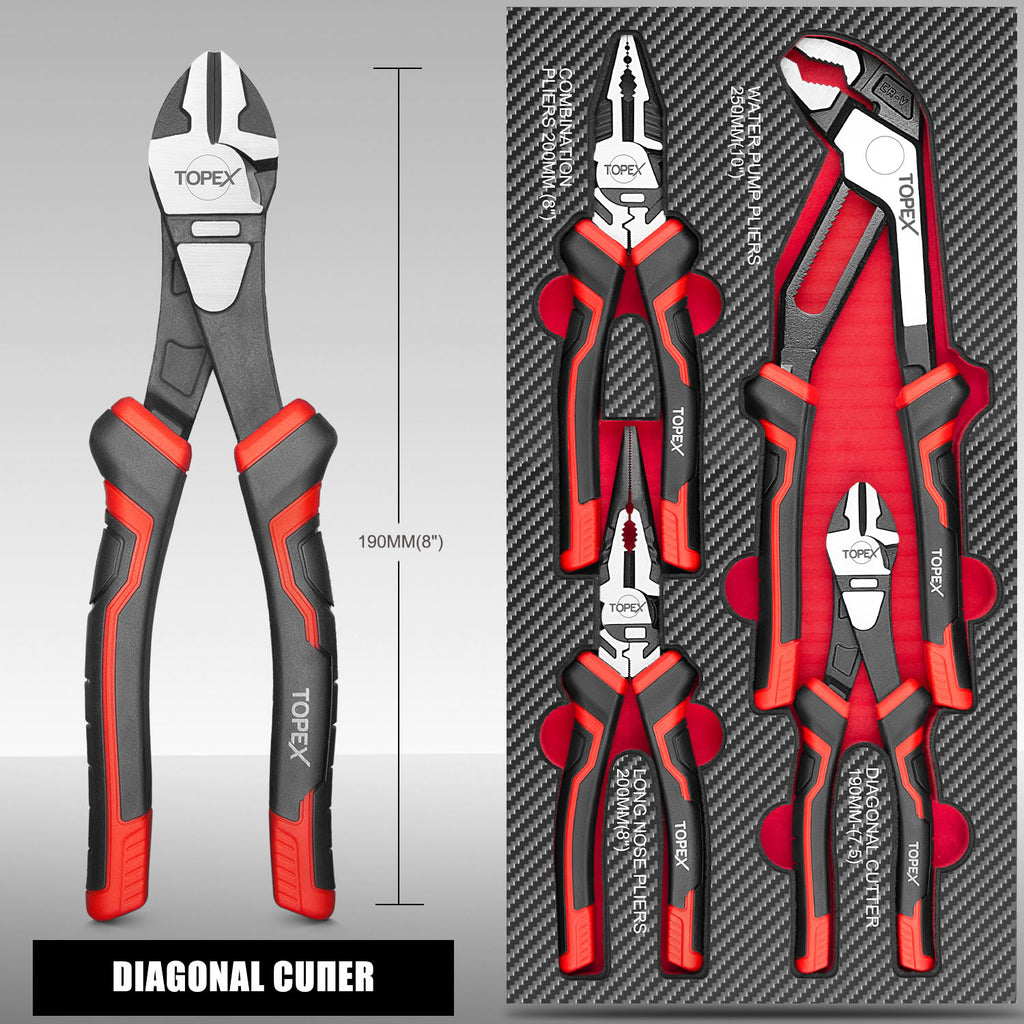 TOPEX 4 Piece Pliers Set (190 mm Diagonal Cutters, 200 mm Combination Pliers, 200 mm Long Nose Pliers, 250 mm Water Pump Pliers) for Demanding Tasks & Home Use