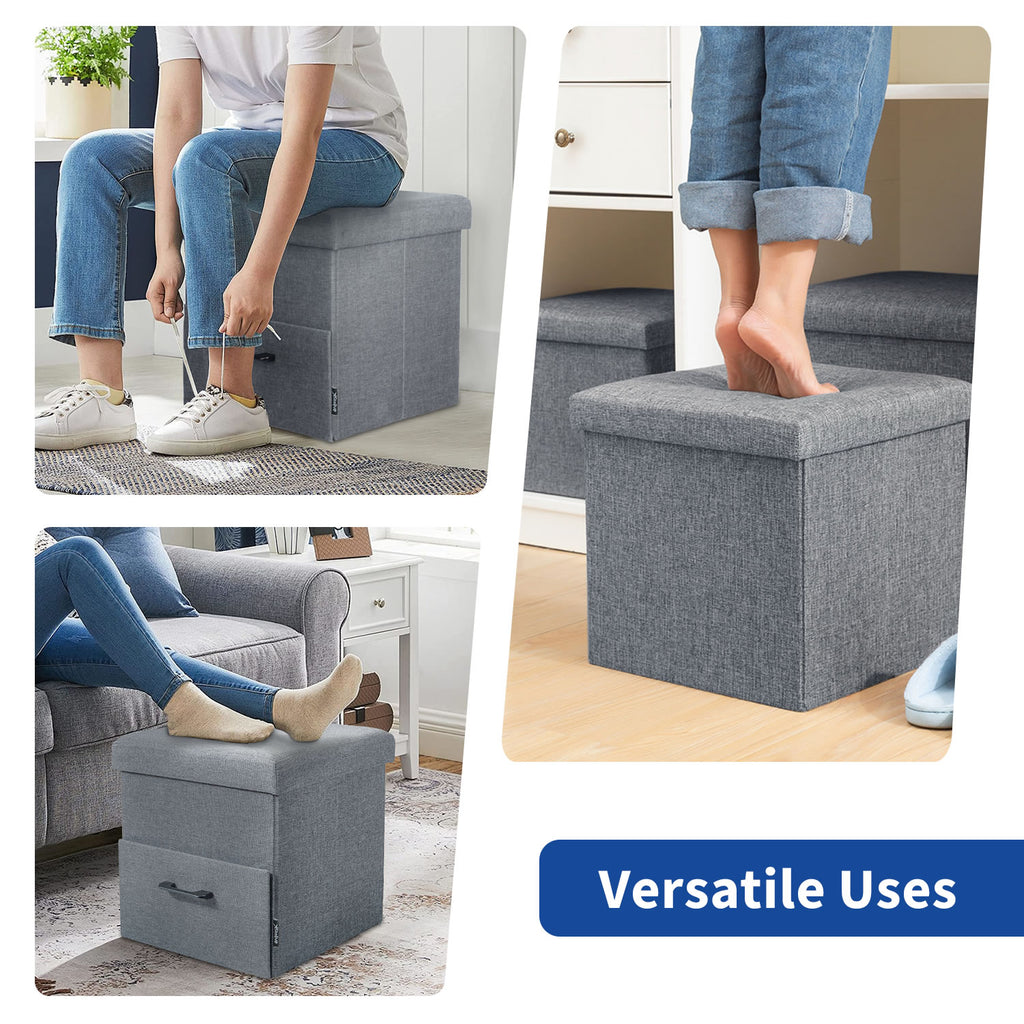 Stelive Folding Ottoman Storage Cube Footstool With Drawer Stool Blanket Box Oxford Linen 40x40x40cm