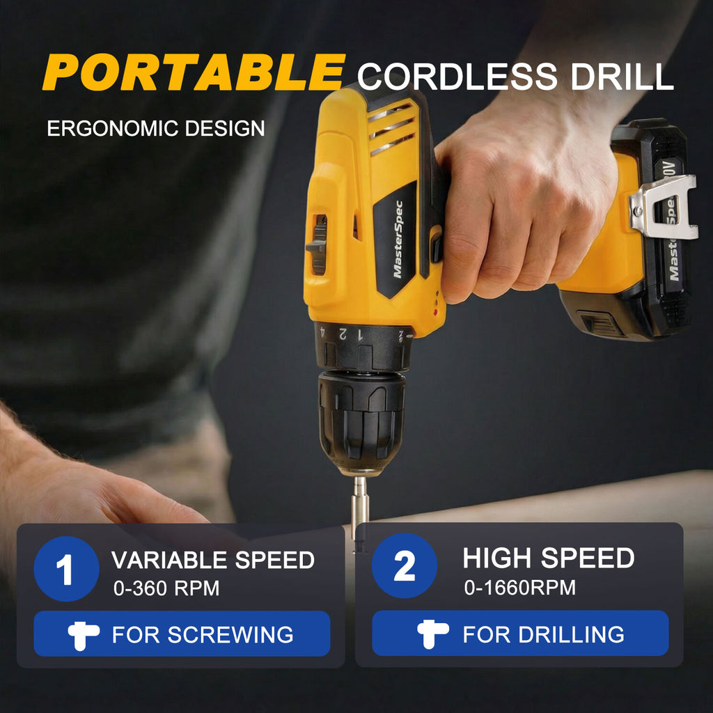 MasterSpec 20V Max Cordless Drill 30N.m 18+1+1 Torque Electric Power Drill Kit w/Li-Ion Battery Pack& Screwdriver Bit Set LED Light