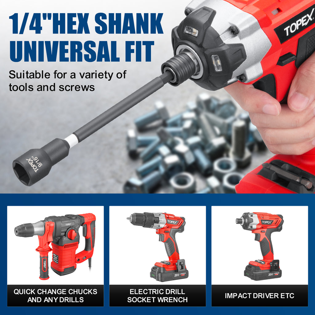 TOPEX 16Pcs Magnetic Impact Nut Driver Set Impact Grade Socket Extension Power Drill Bit Extensions Hex Shank Adapter Drill Nut Driver Tool Accessory