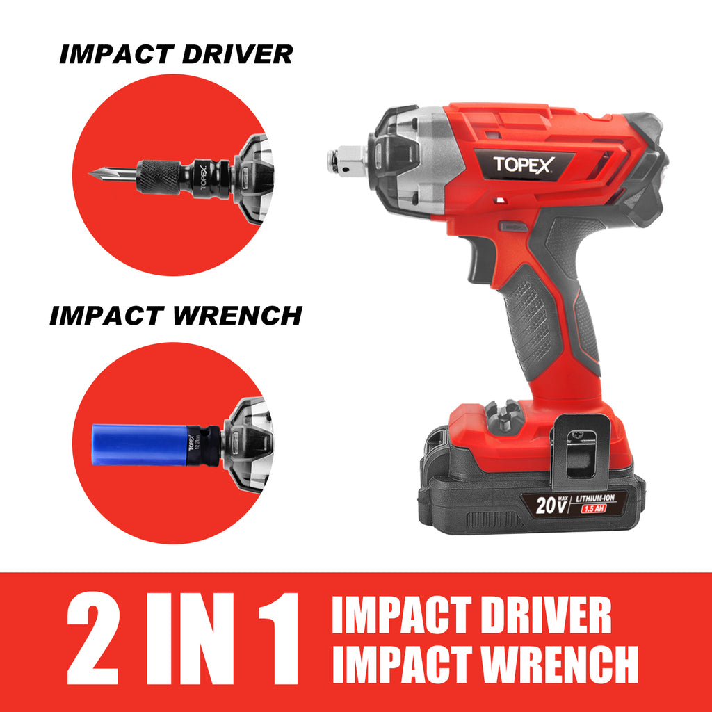 TOPEX 2 in 1 20V Cordless Impact Wrench Driver 1/2" w/ Sockets Battery & Charger(Two Batteries)