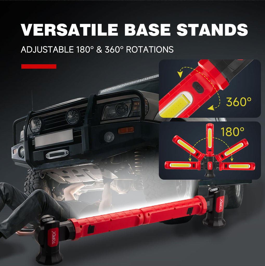 TOPEX 2 Pack Rechargeable Work Light, 2000 Lumens Magnetic LED Work Light with Hooks, 360° Rotation 3 Modes Light & 1/4" Thread for Car Repair