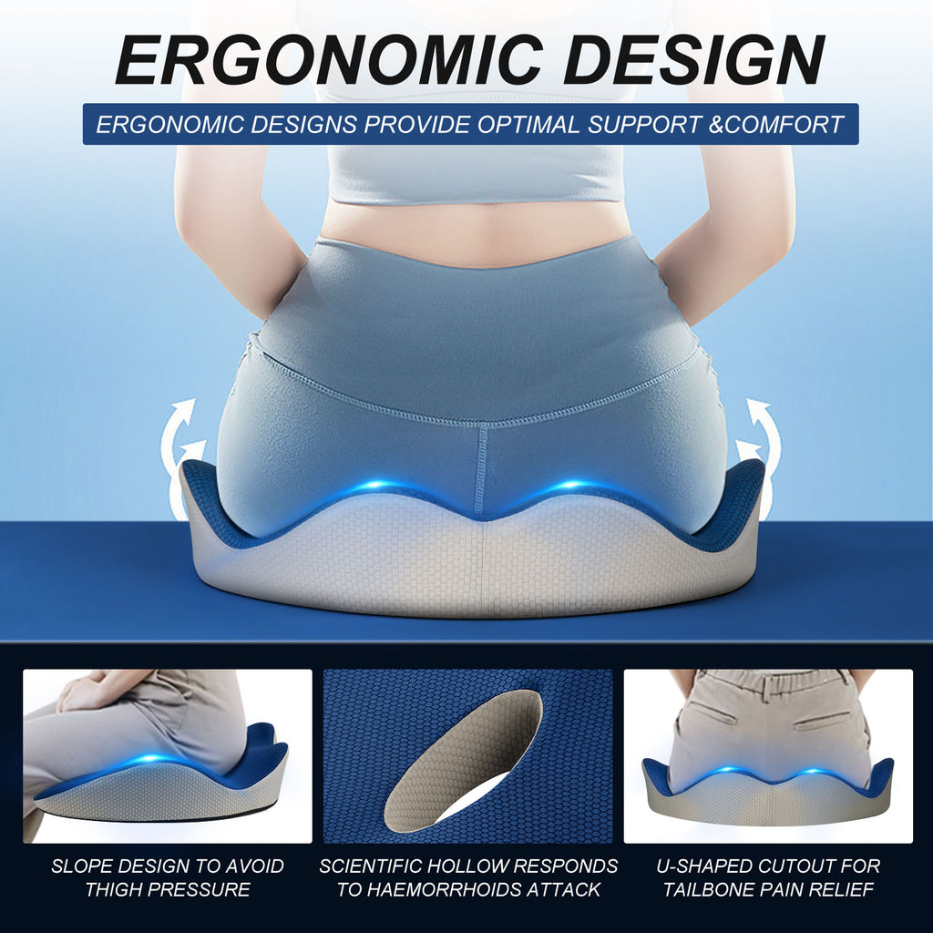 Stelive Memory Foam Seat Cushion Butt Support Pillow Office Chair Car Seat Cushion Coccyx Cushion Coccyx Pillow for Pain Relief (Blue, Grey)