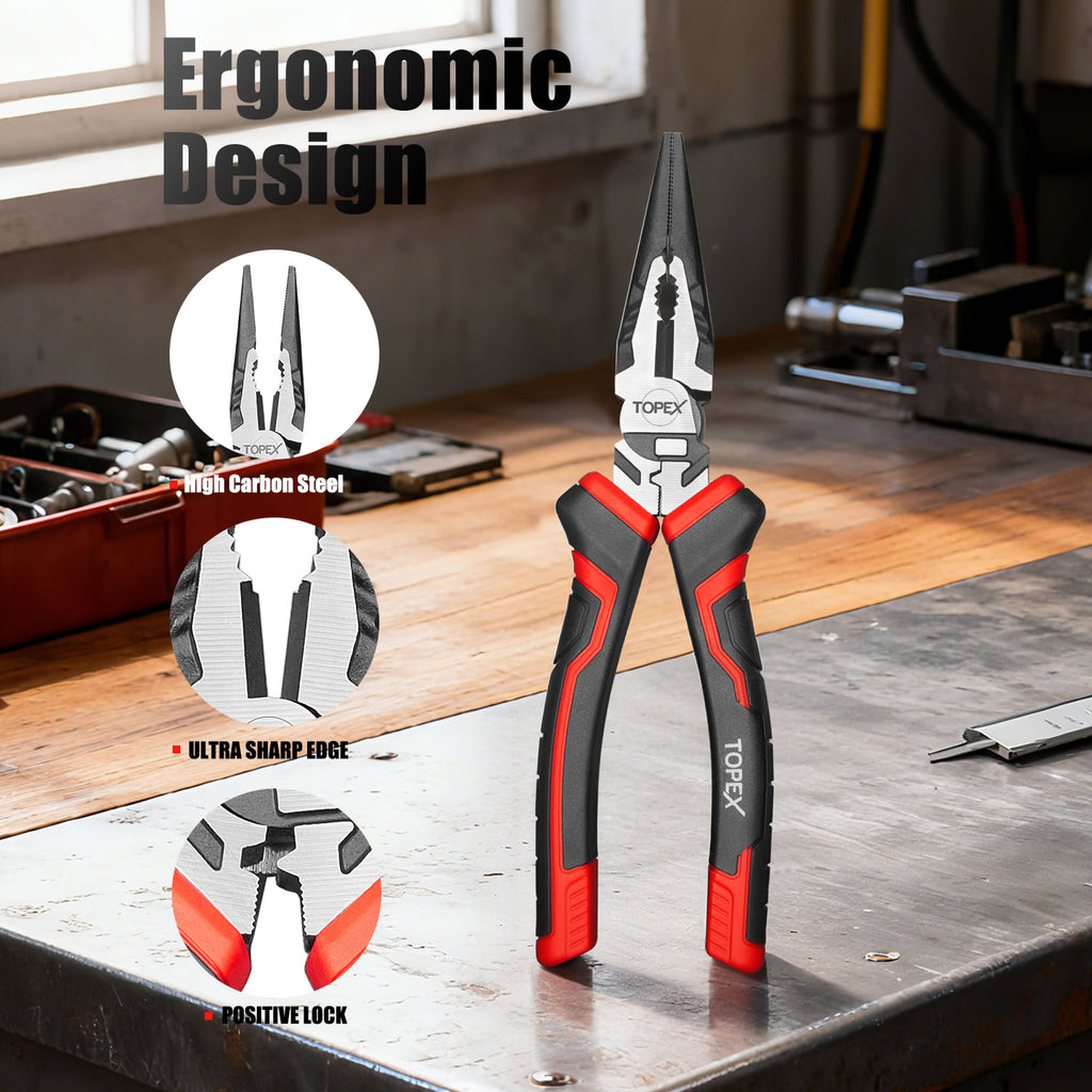 TOPEX 4 Piece Pliers Set (190 mm Diagonal Cutters, 200 mm Combination Pliers, 200 mm Long Nose Pliers, 250 mm Water Pump Pliers) for Demanding Tasks & Home Use