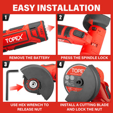 Load image into Gallery viewer, TOPEX 12V Cordless Angle Grinder 1 Wrench for Metal and Wood w/12V 2.0Ah Lithium-Ion Battery&amp;14.4V /0.4A charger