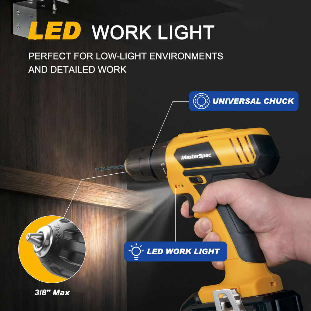MasterSpec 20V Max Cordless Drill 30N.m 18+1+1 Torque Electric Power Drill Kit w/Li-Ion Battery Pack& Screwdriver Bit Set LED Light