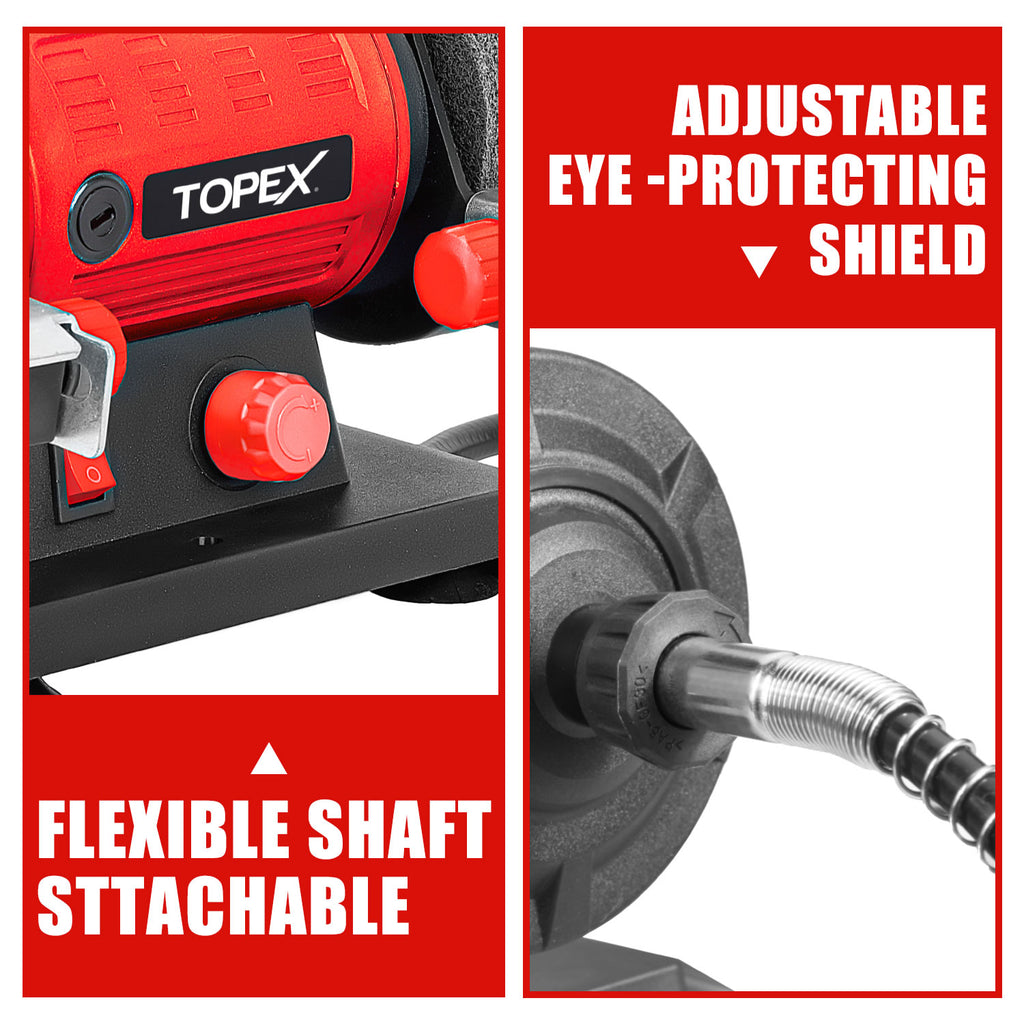 TOPEX 120W Bench Grinder w/ 2 Grinding Wheels& Adjustable Tool Rests& Eye-Protecting Shields& Static Wheel Guards
