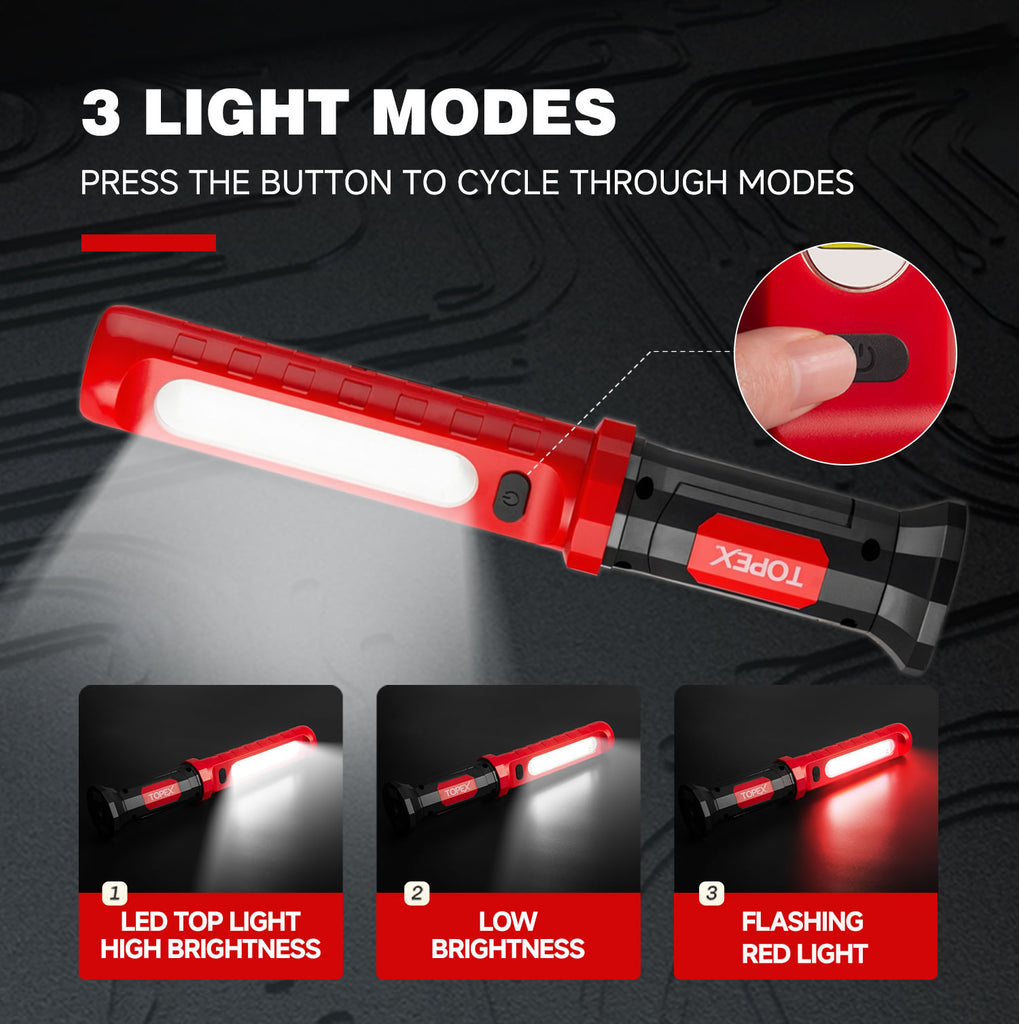 TOPEX 2 Pack Rechargeable Work Light, 2000 Lumens Magnetic LED Work Light with Hooks, 360° Rotation 3 Modes Light & 1/4" Thread for Car Repair
