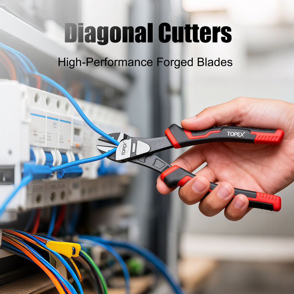 TOPEX 4 Piece Pliers Set (190 mm Diagonal Cutters, 200 mm Combination Pliers, 200 mm Long Nose Pliers, 250 mm Water Pump Pliers) for Demanding Tasks & Home Use