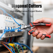 Load image into Gallery viewer, TOPEX 4 Piece Pliers Set (190 mm Diagonal Cutters, 200 mm Combination Pliers, 200 mm Long Nose Pliers, 250 mm Water Pump Pliers) for Demanding Tasks &amp; Home Use
