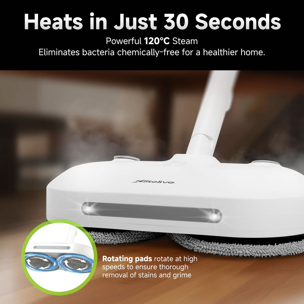 Stelive Steam & Scrub Automatic Electric Steam Mop, Hard Floor Cleaner & Steamer, Powerful Stain Remover, 4 Rotating Pads with Filling Cup, White