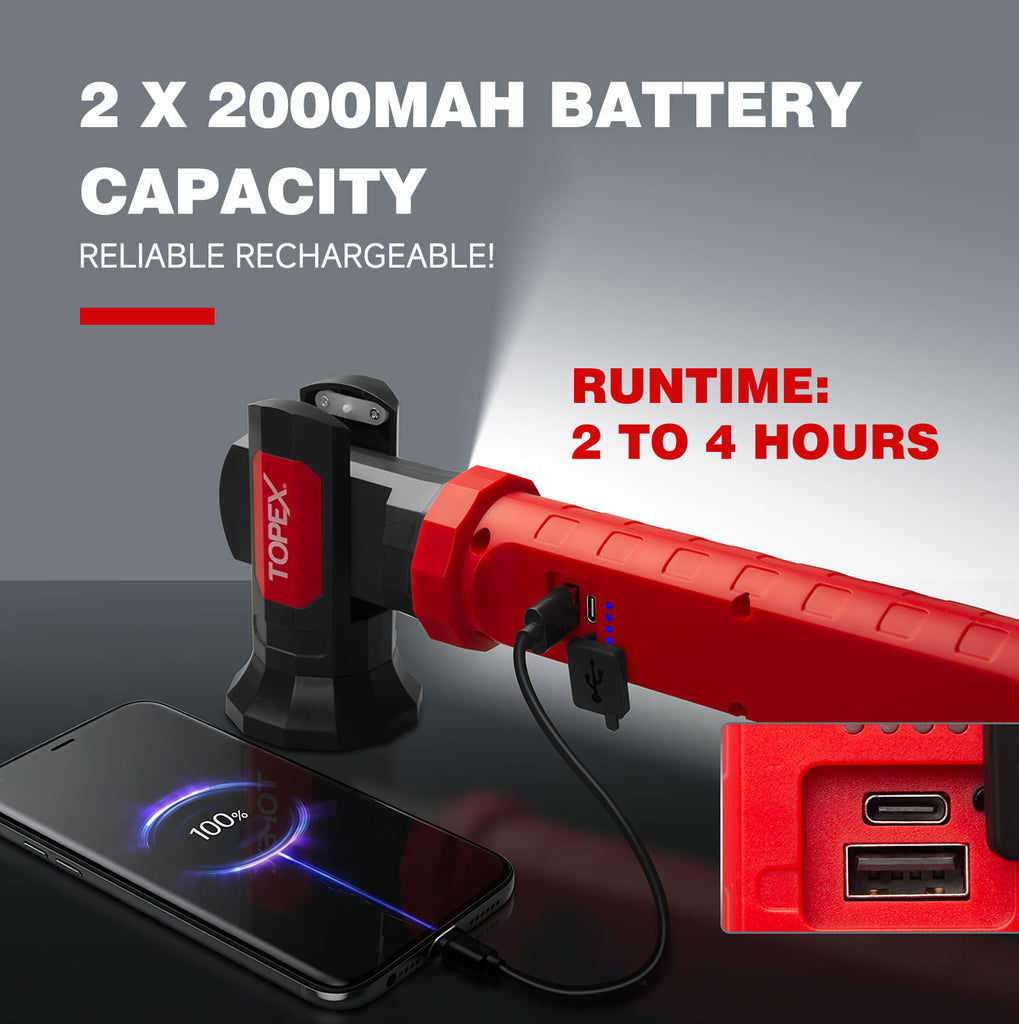 TOPEX 2 Pack Rechargeable Work Light, 2000 Lumens Magnetic LED Work Light with Hooks, 360° Rotation 3 Modes Light & 1/4" Thread for Car Repair