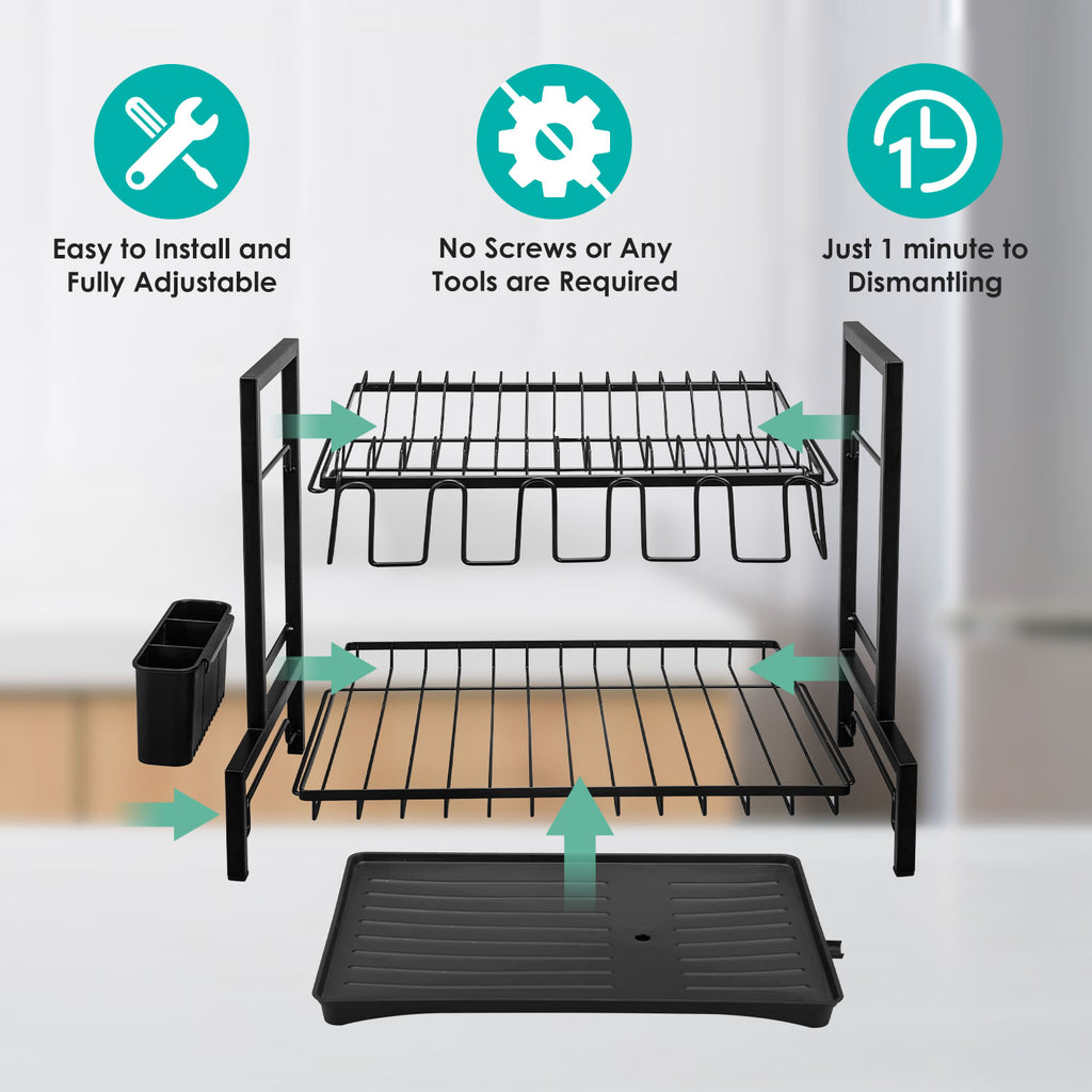 Stelive 2-Tier Dish Drying Rack Dish Drainer Cutlery Holder Dish Drainer Rack Multifunctional Storage Rack w/ Drainboard for Kitchen (Black)