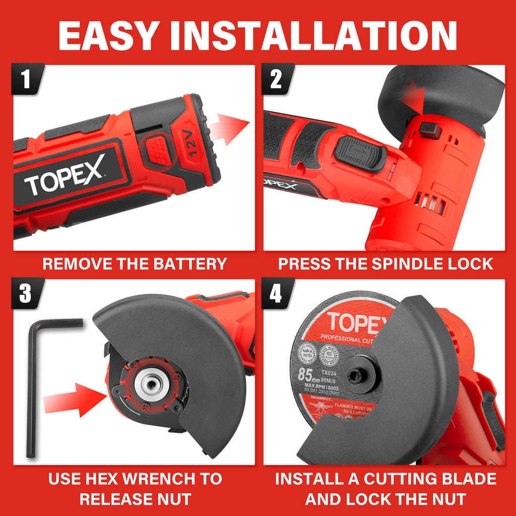 TOPEX 12V Cordless Angle Grinder 1 Wrench for Metal and Wood w/12V 2.0Ah Lithium-Ion Battery&14.4V /0.4A charger