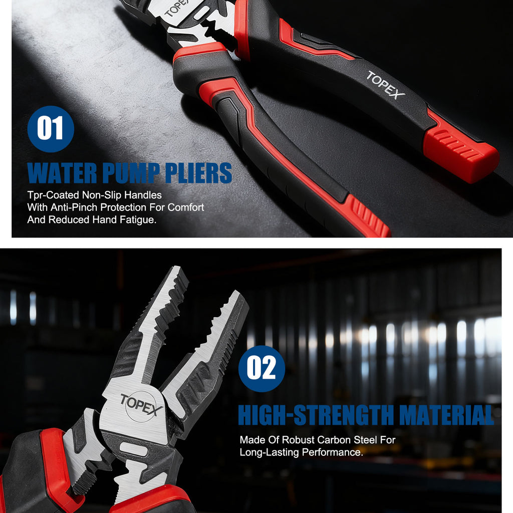 TOPEX 4 Piece Pliers Set (190 mm Diagonal Cutters, 200 mm Combination Pliers, 200 mm Long Nose Pliers, 250 mm Water Pump Pliers) for Demanding Tasks & Home Use