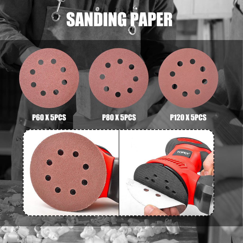 TOPEX 300W Random Orbital Sander Polisher Variable Speed +15pcs Sand Papers