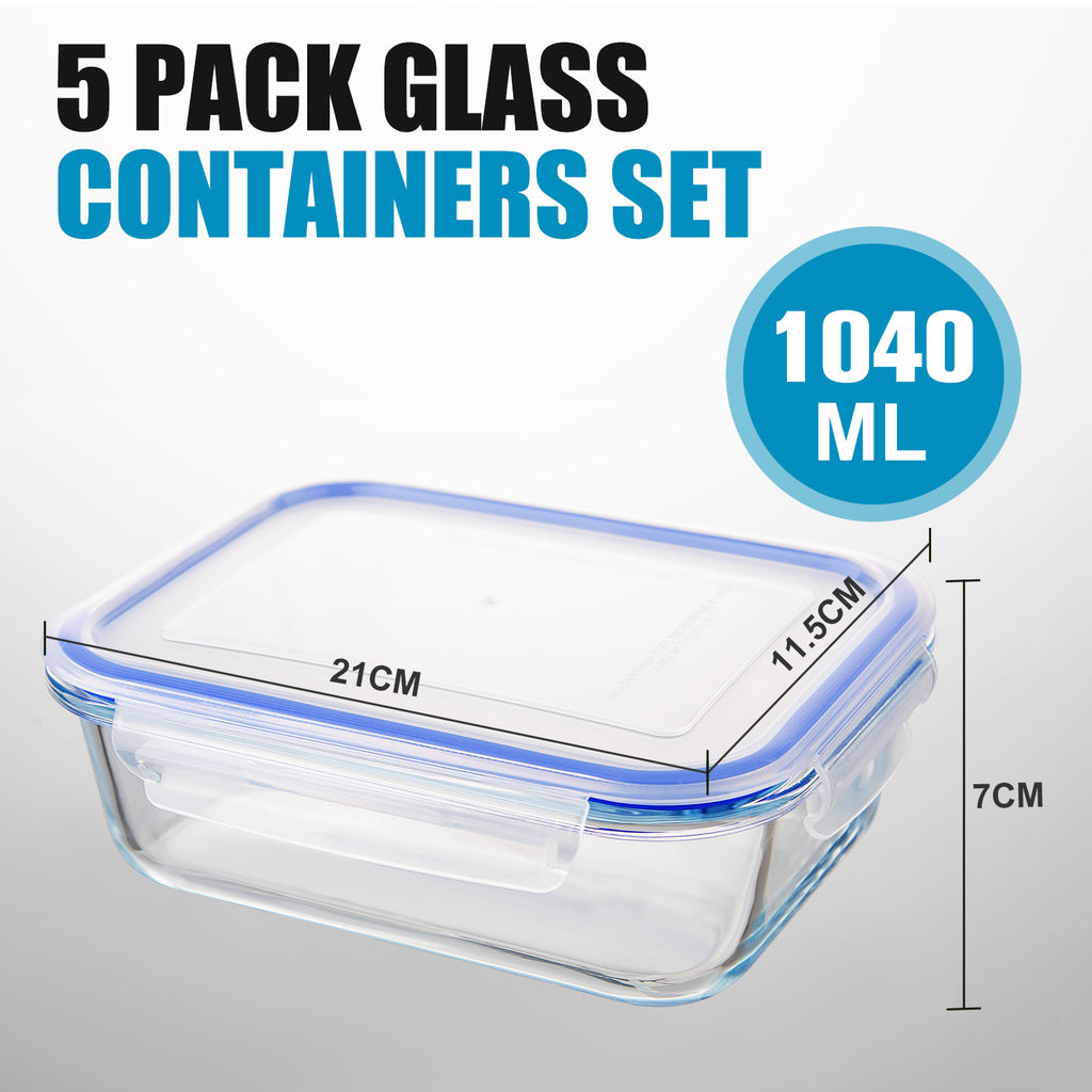 Stelive 5 Pack Glass Storage Food Containers, Glass Meal Prep Containers, Airtight Lunch Bento Boxes with Snap Locking Leakproof Lids, Reusable for Microwave
