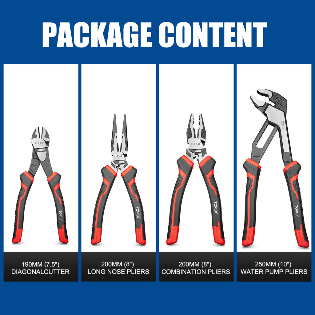 TOPEX 4 Piece Pliers Set (190 mm Diagonal Cutters, 200 mm Combination Pliers, 200 mm Long Nose Pliers, 250 mm Water Pump Pliers) for Demanding Tasks & Home Use